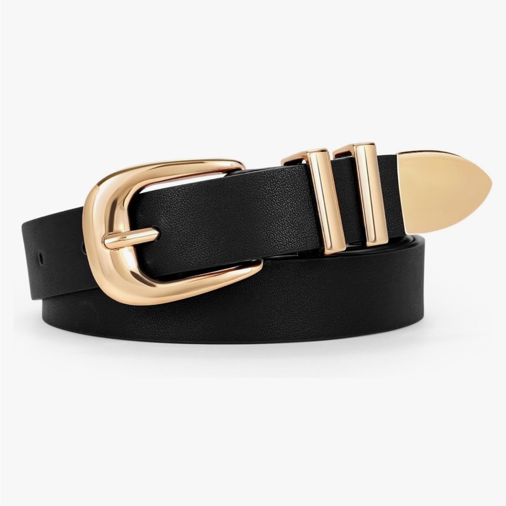 Elegant Black Leather Belt with Gold Buckle